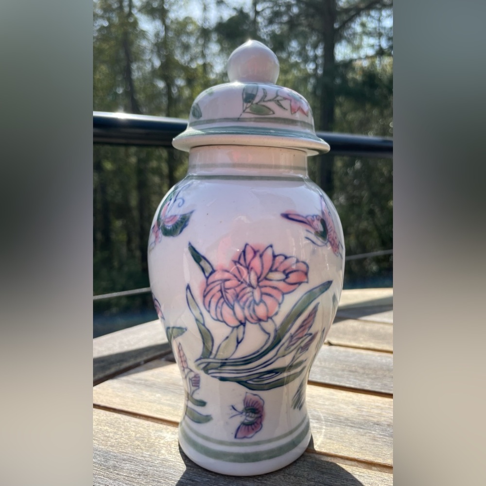 Vintage Floral Butterfly Hand Painted Temple Jar Vase
